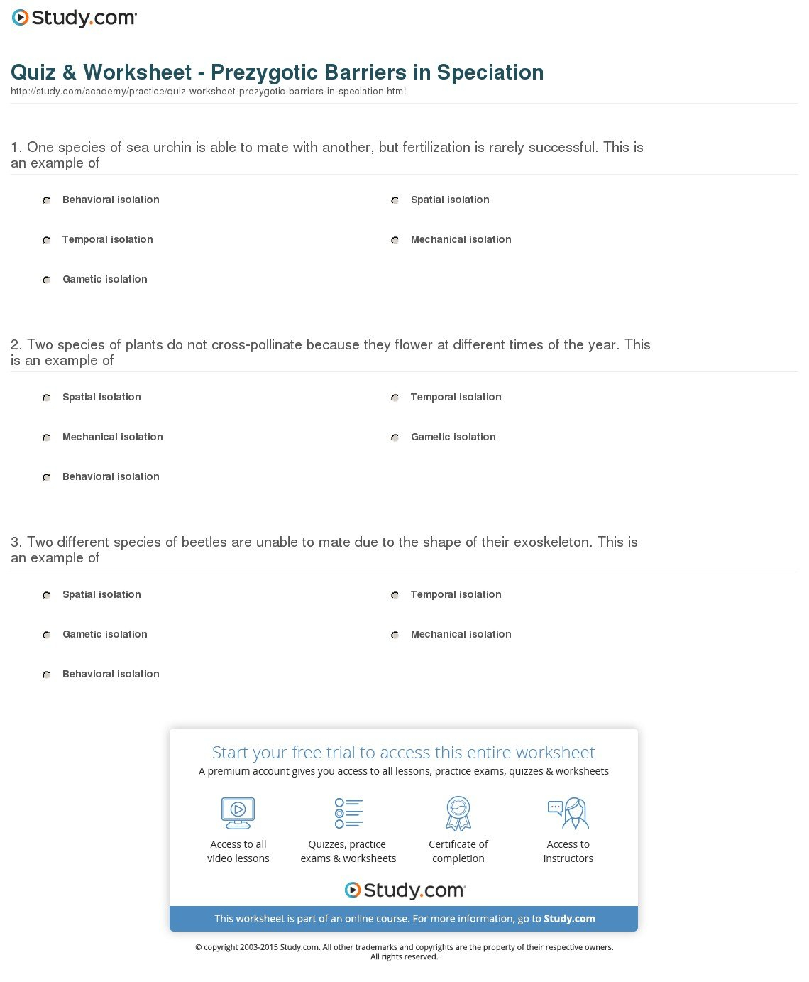 Quiz  Worksheet  Prezygotic Barriers In Speciation  Study Within Reproductive Barriers Worksheet Answers