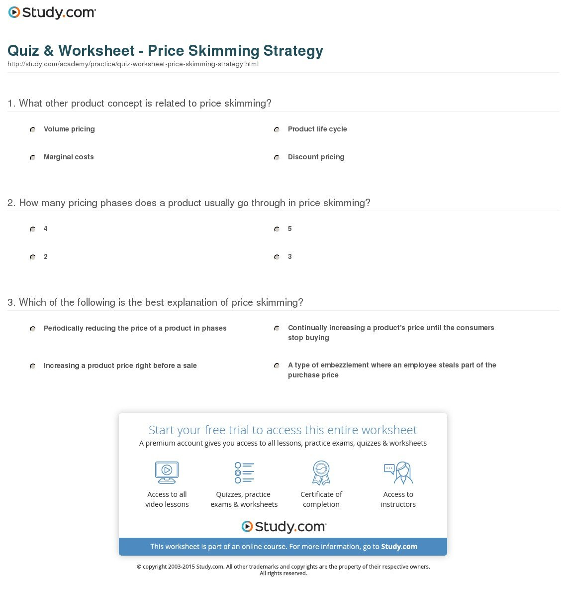 Quiz  Worksheet  Price Skimming Strategy  Study Regarding Chapter 11 The Price Strategy Worksheet Answers