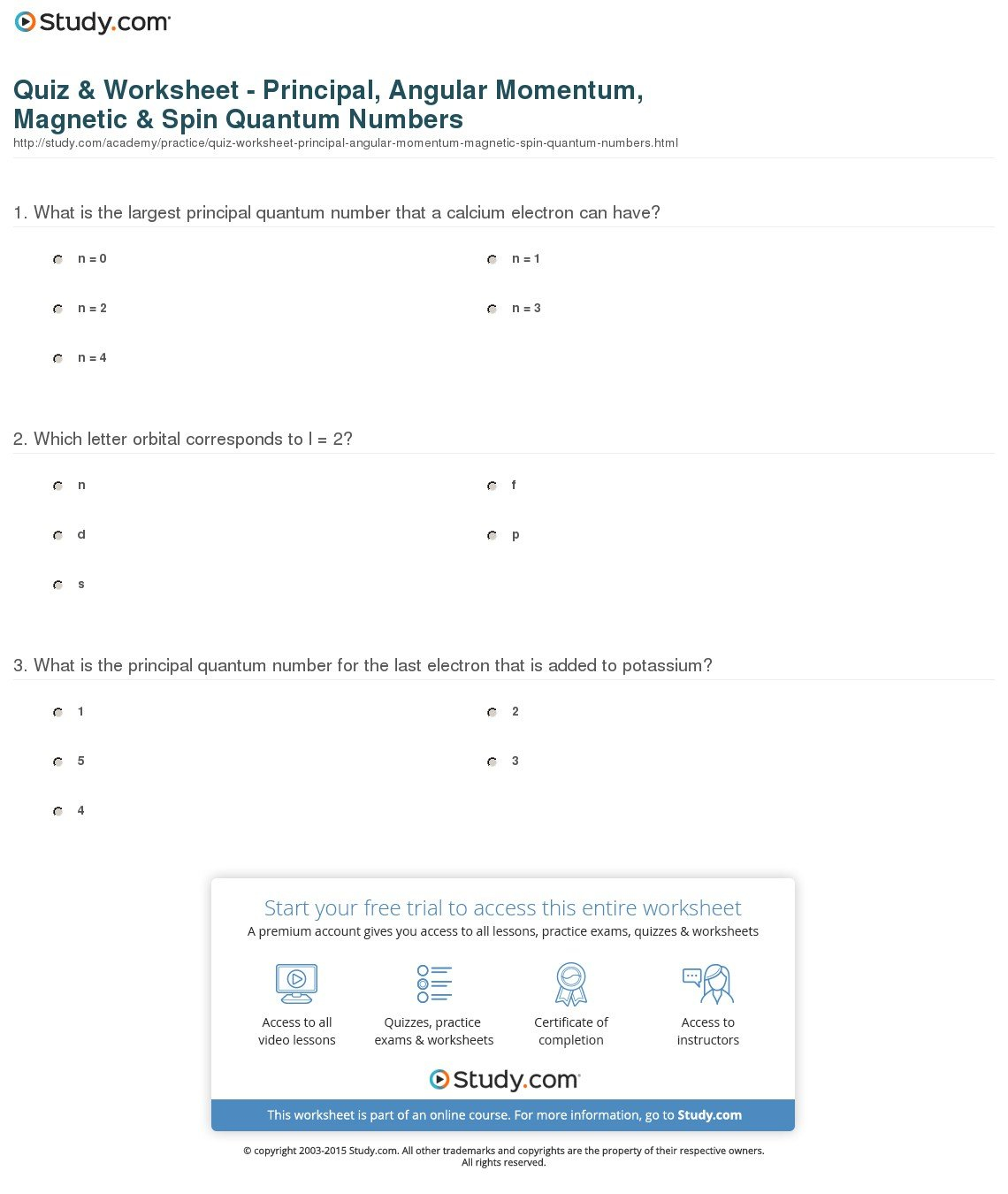 Quiz  Worksheet  Principal Angular Momentum Magnetic  Spin Regarding Quantum Numbers Worksheet