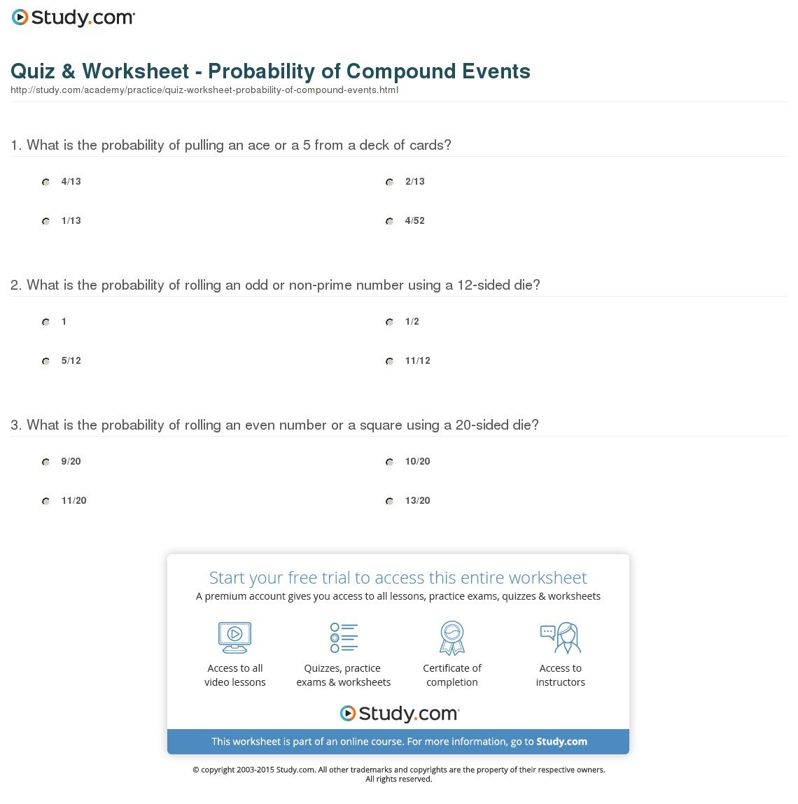 Quiz  Worksheet  Probability Of Compound Events  Study Regarding Probability Of Compound Events Worksheet With Answer Key