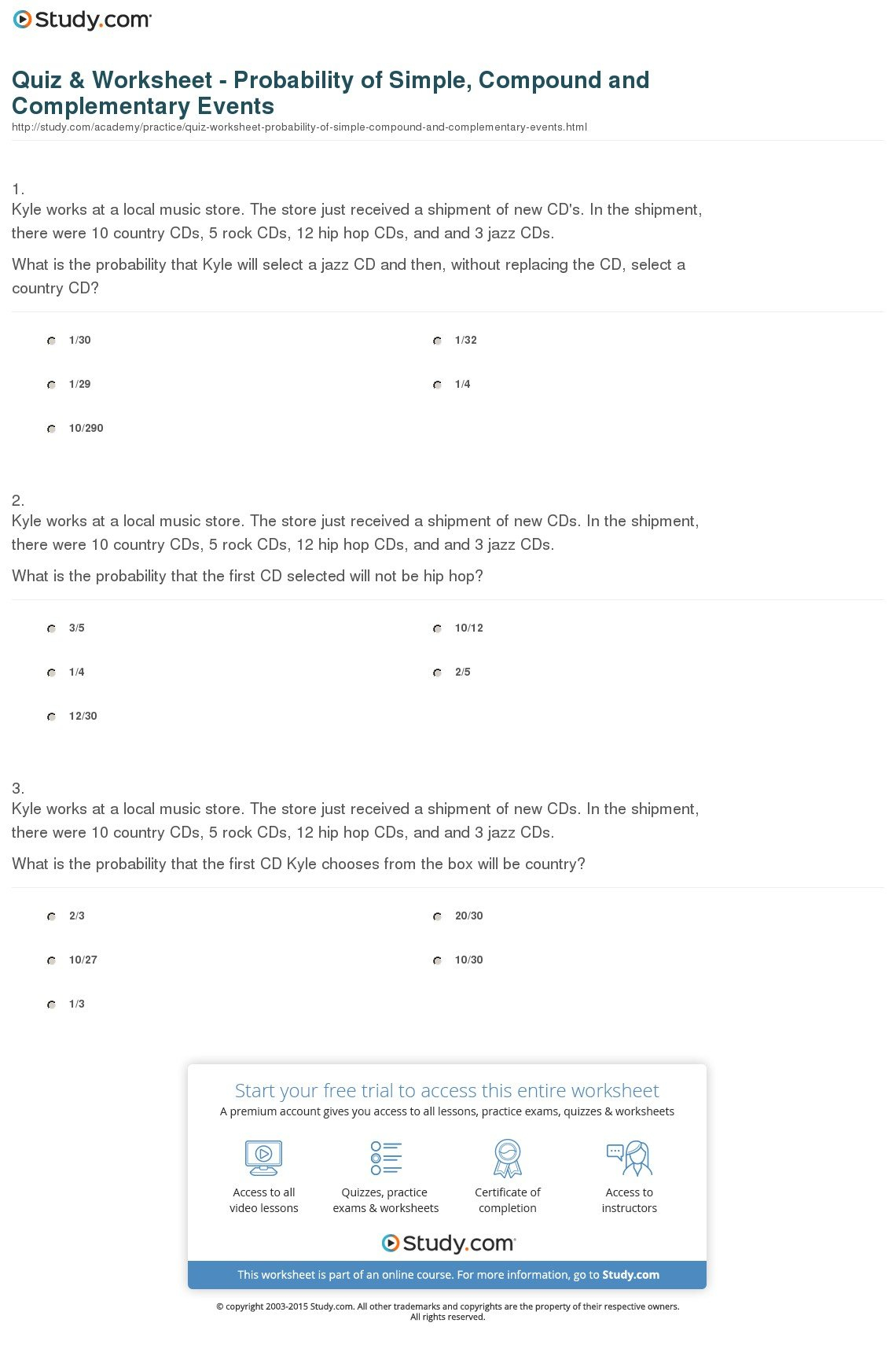 Quiz  Worksheet  Probability Of Simple Compound And Complementary Also Probability Of Compound Events Worksheet Answers