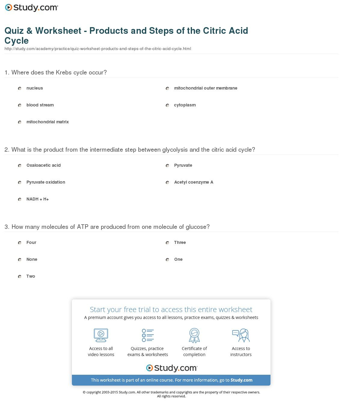 Quiz  Worksheet  Products And Steps Of The Citric Acid Cycle And The Krebs Cycle Student Worksheet