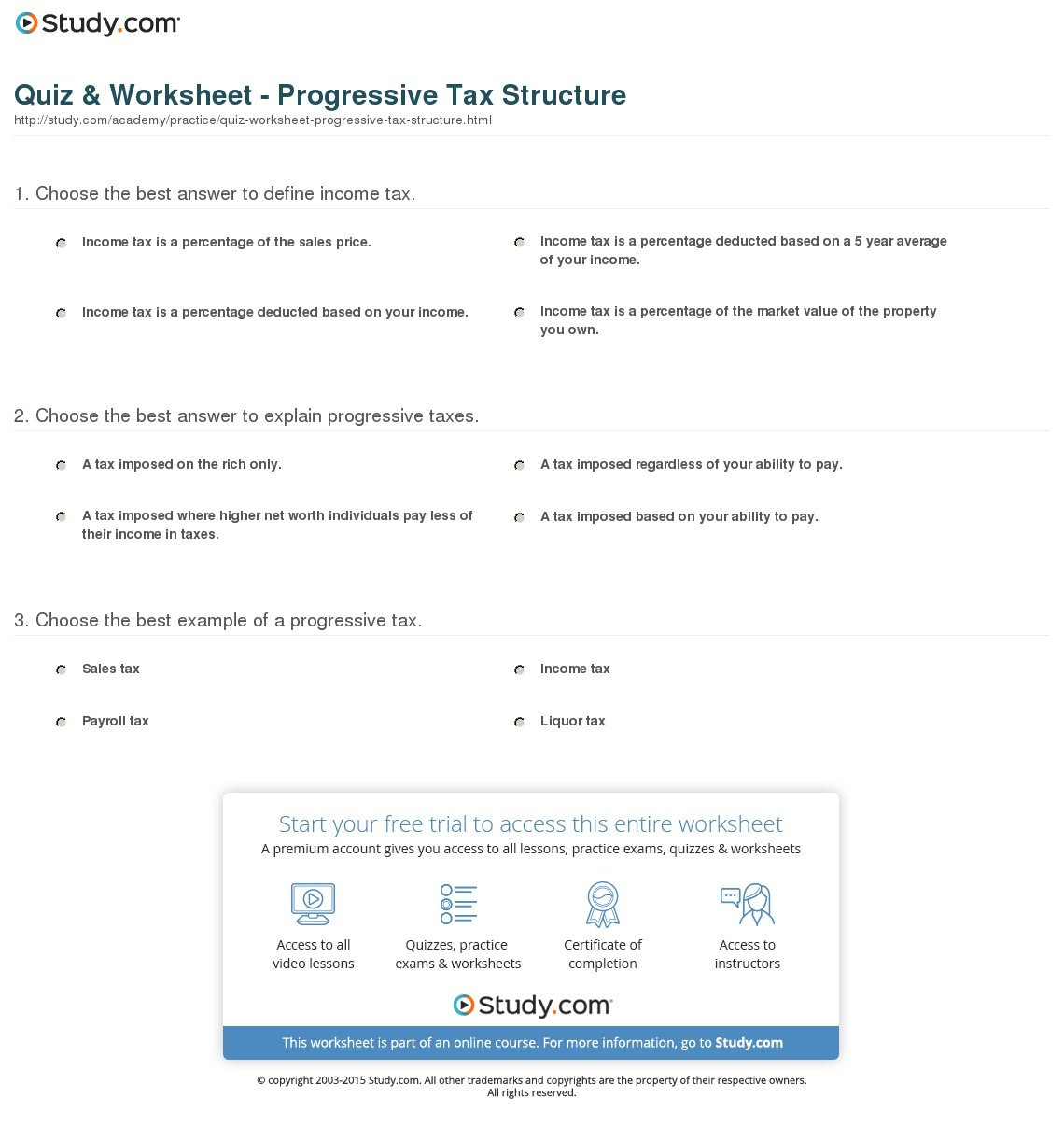 Quiz  Worksheet  Progressive Tax Structure  Study Intended For Taxation Worksheet Answers