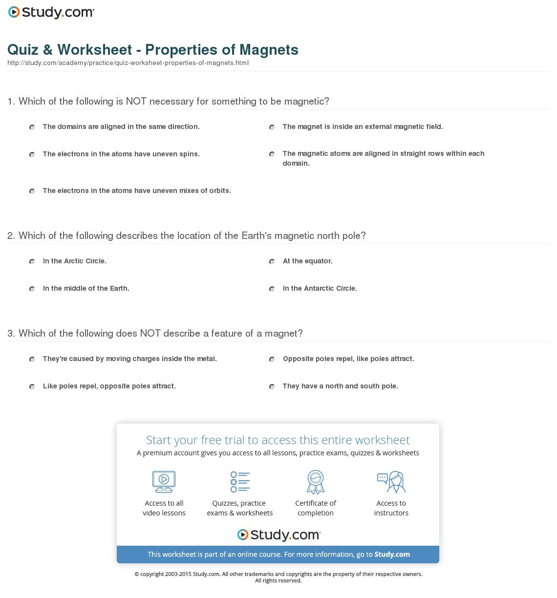 Quiz  Worksheet  Properties Of Magnets  Study Within Worksheet Intro To Magnetism Answers