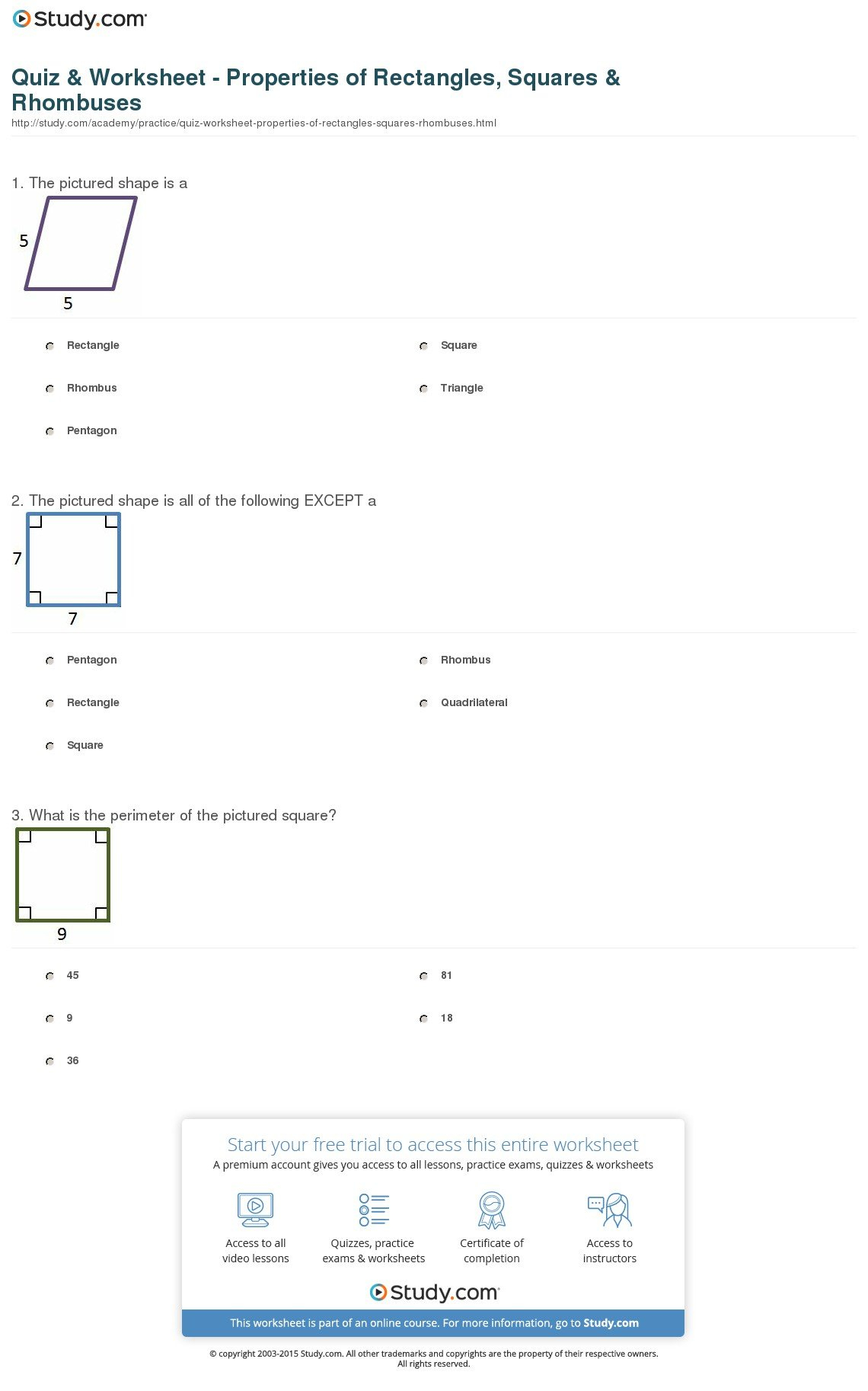 Quiz  Worksheet  Properties Of Rectangles Squares  Rhombuses As Well As Properties Of Rectangles Rhombuses And Squares Worksheet Answers
