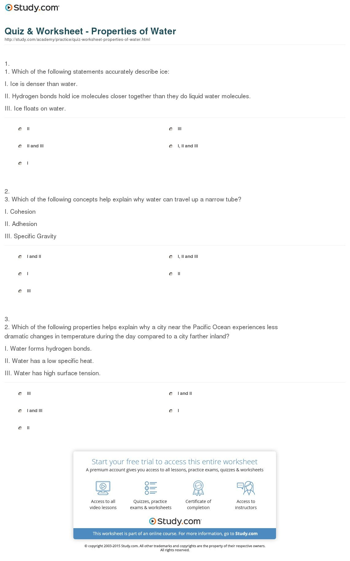 Quiz  Worksheet  Properties Of Water  Study And Properties Of Water Worksheet Biology
