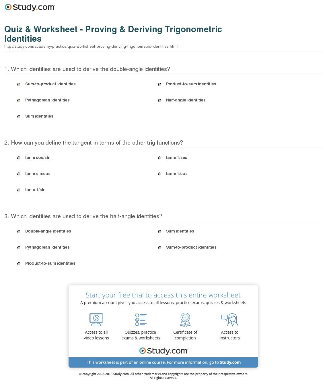 Quiz  Worksheet  Proving  Deriving Trigonometric Identities For Trigonometric Identities Worksheet