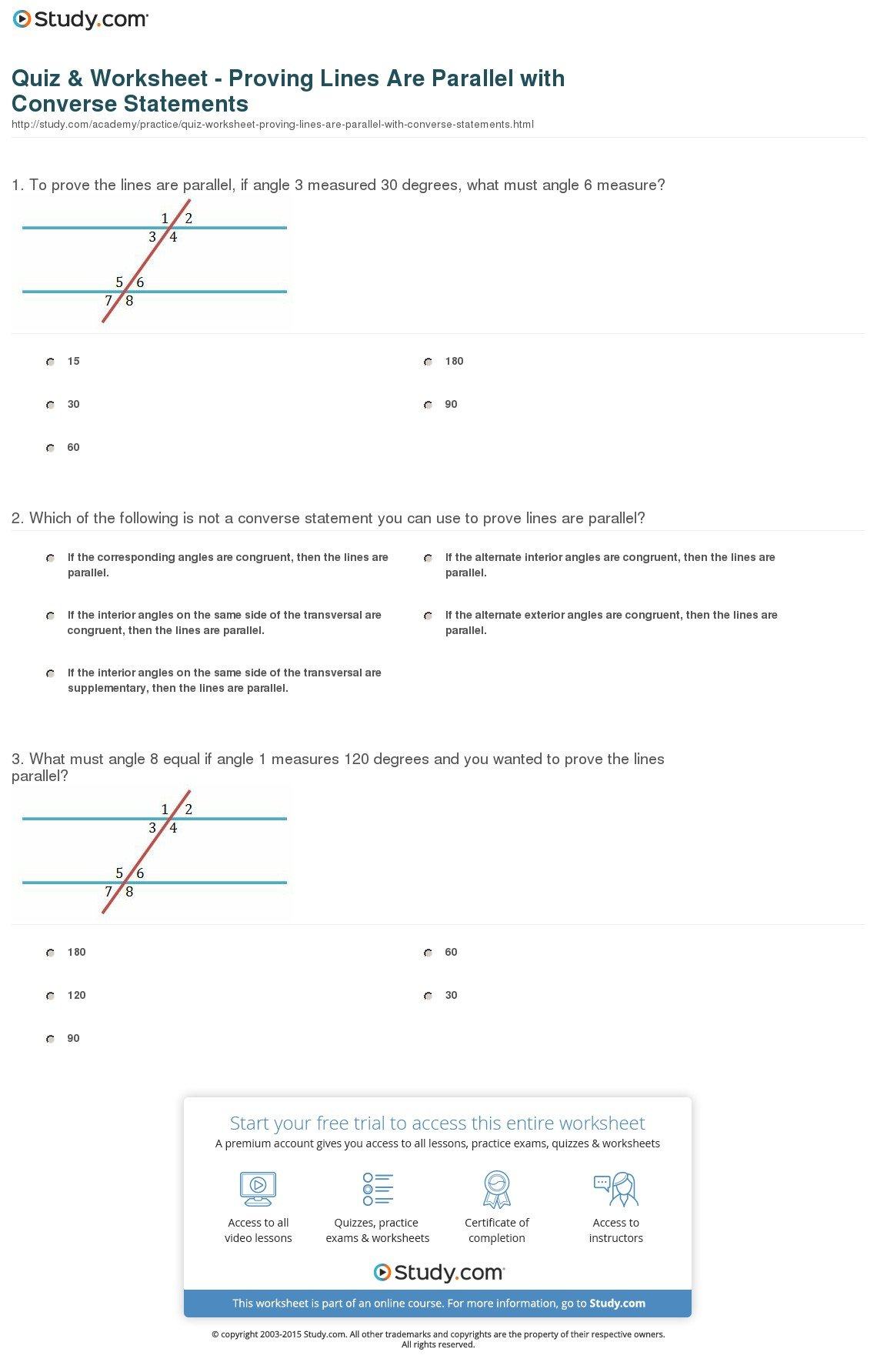 Quiz  Worksheet  Proving Lines Are Parallel With Converse Together With Proving Lines Parallel Worksheet Answers