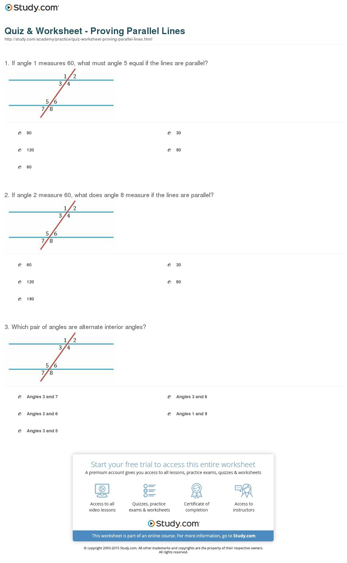 Quiz  Worksheet  Proving Parallel Lines  Study Regarding Parallel Lines Worksheet Answers