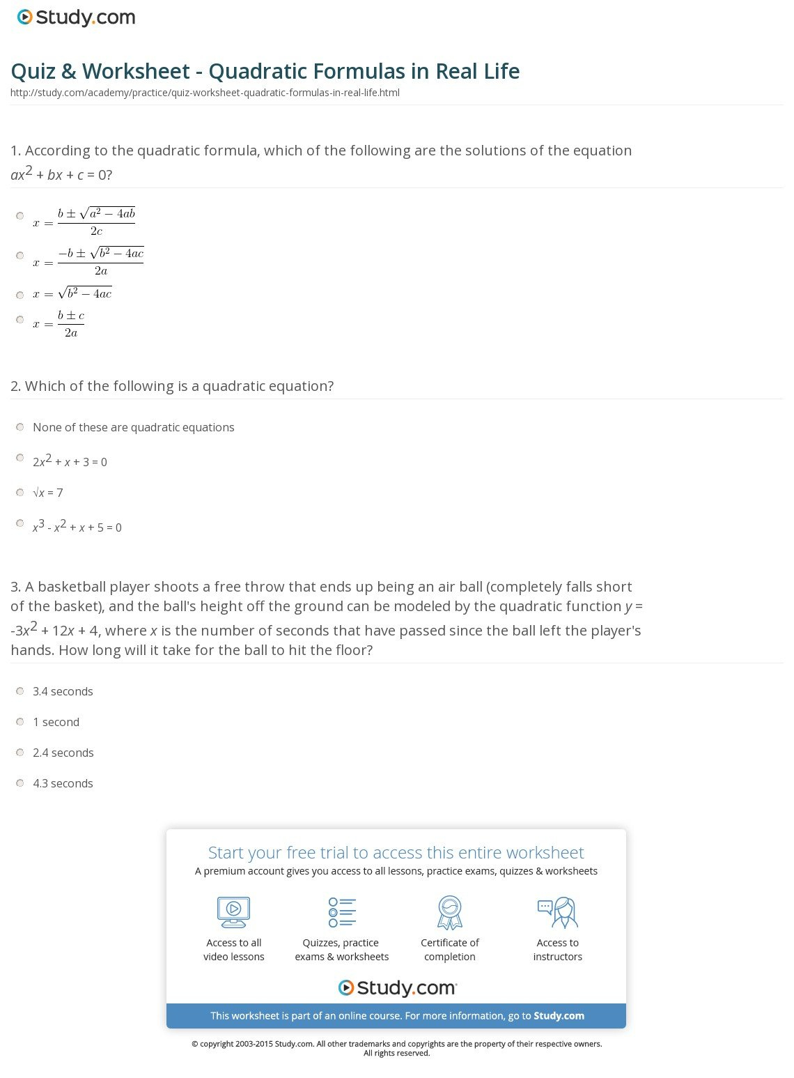 Quiz  Worksheet  Quadratic Formulas In Real Life  Study Together With Solving Quadratic Equations By Quadratic Formula Worksheet