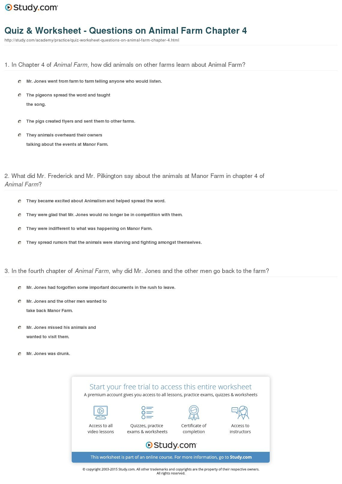 Quiz  Worksheet  Questions On Animal Farm Chapter 4  Study Intended For Reading Skills And Strategies Worksheet Animal Farm