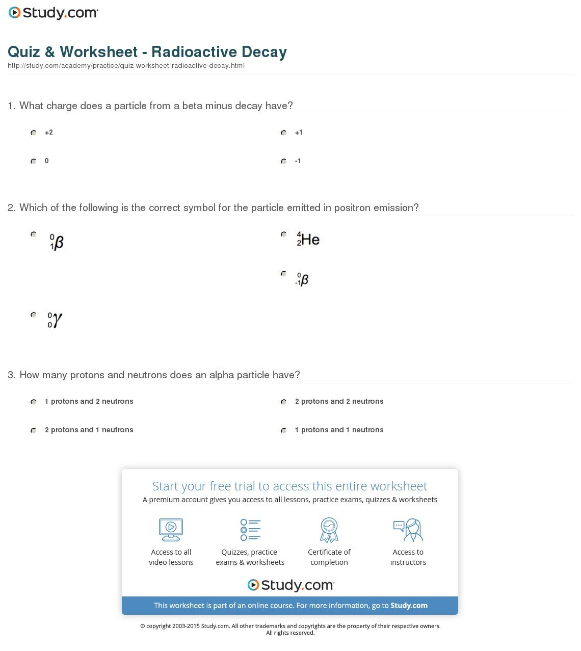 Quiz  Worksheet  Radioactive Decay  Study Within Radioactivity Worksheet Answers