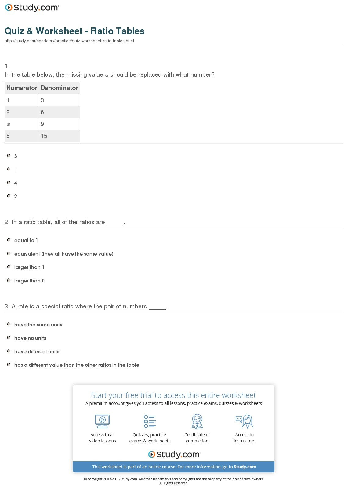 Quiz  Worksheet  Ratio Tables  Study And Ratio Tables Worksheets