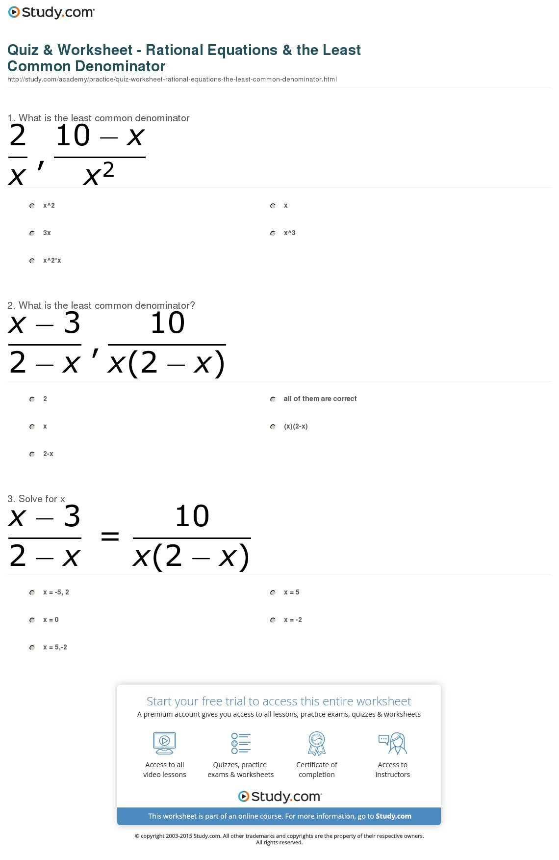 Quiz  Worksheet  Rational Equations  The Least Common Denominator Intended For Solving Rational Equations Worksheet Answers