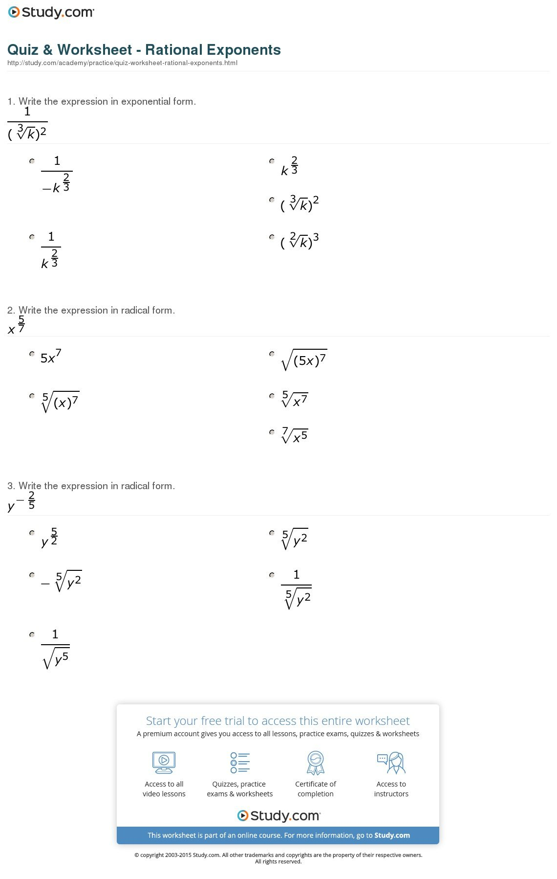 Quiz  Worksheet  Rational Exponents  Study Pertaining To Exponents And Radicals Worksheet