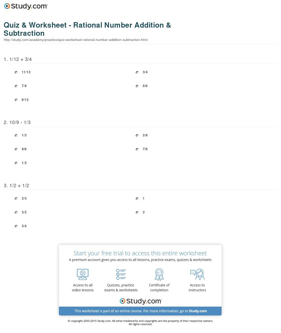 Quiz  Worksheet  Rational Number Addition  Subtraction  Study As Well As Adding And Subtracting Rational Numbers Worksheet