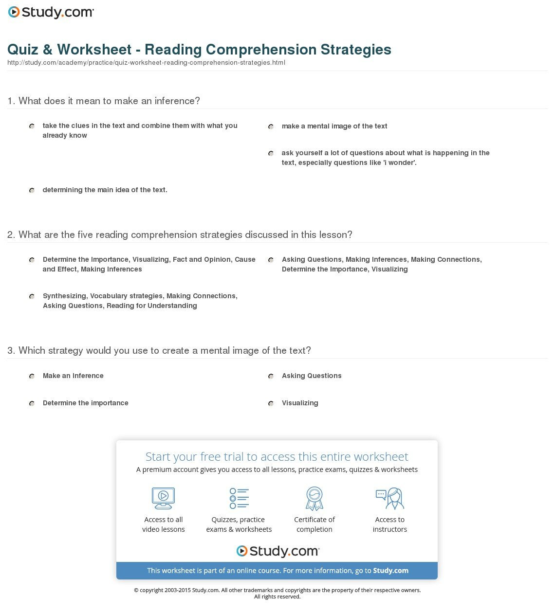 Quiz  Worksheet  Reading Comprehension Strategies  Study For Reading Comprehension Strategies Worksheets