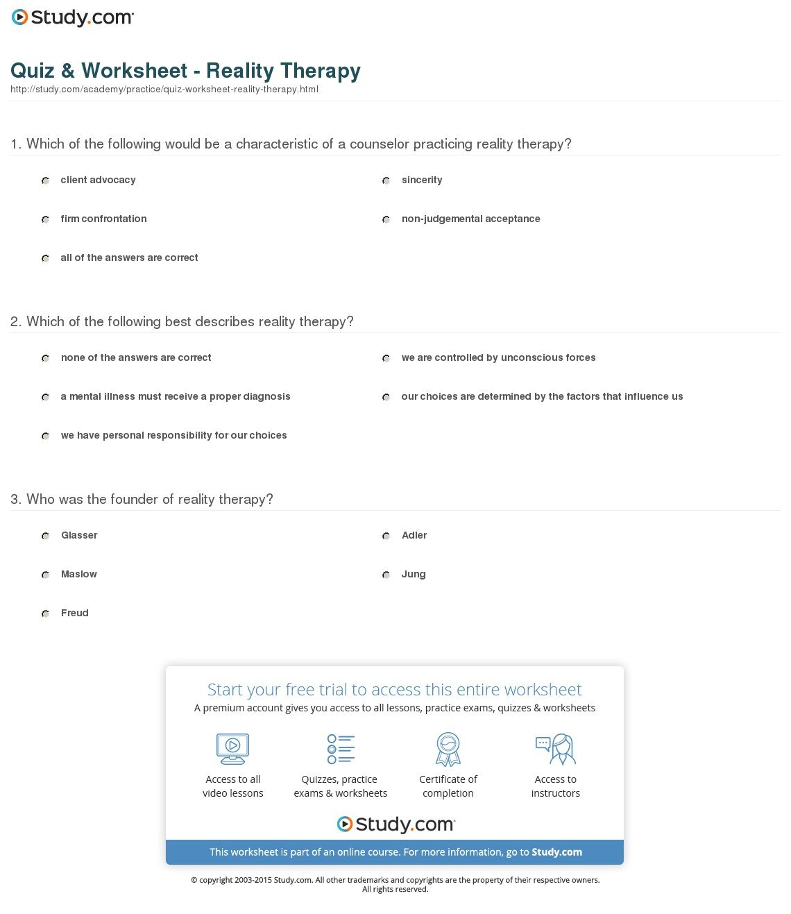 Quiz  Worksheet  Reality Therapy  Study Together With Reality Therapy Worksheets