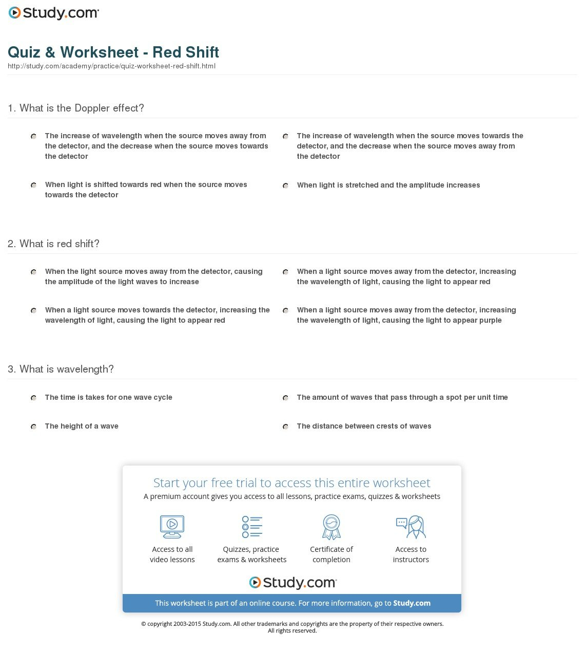 Quiz  Worksheet  Red Shift  Study Pertaining To Red Shift Worksheet Answers