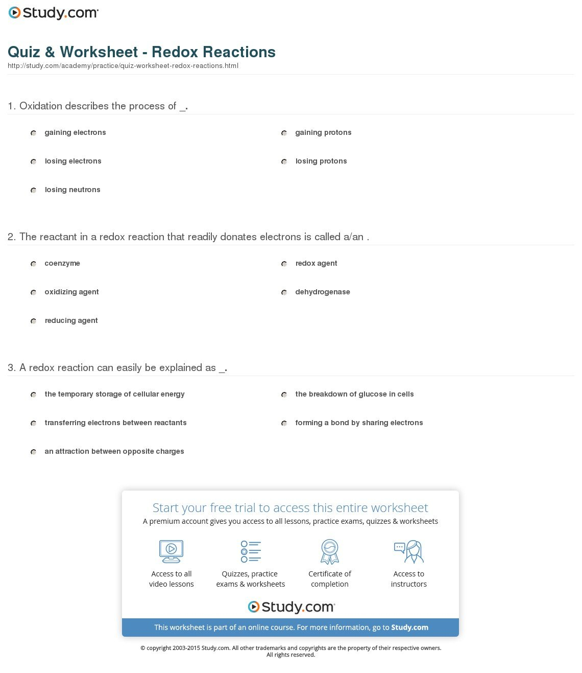Quiz  Worksheet  Redox Reactions  Study Or Redox Reaction Worksheet With Answers