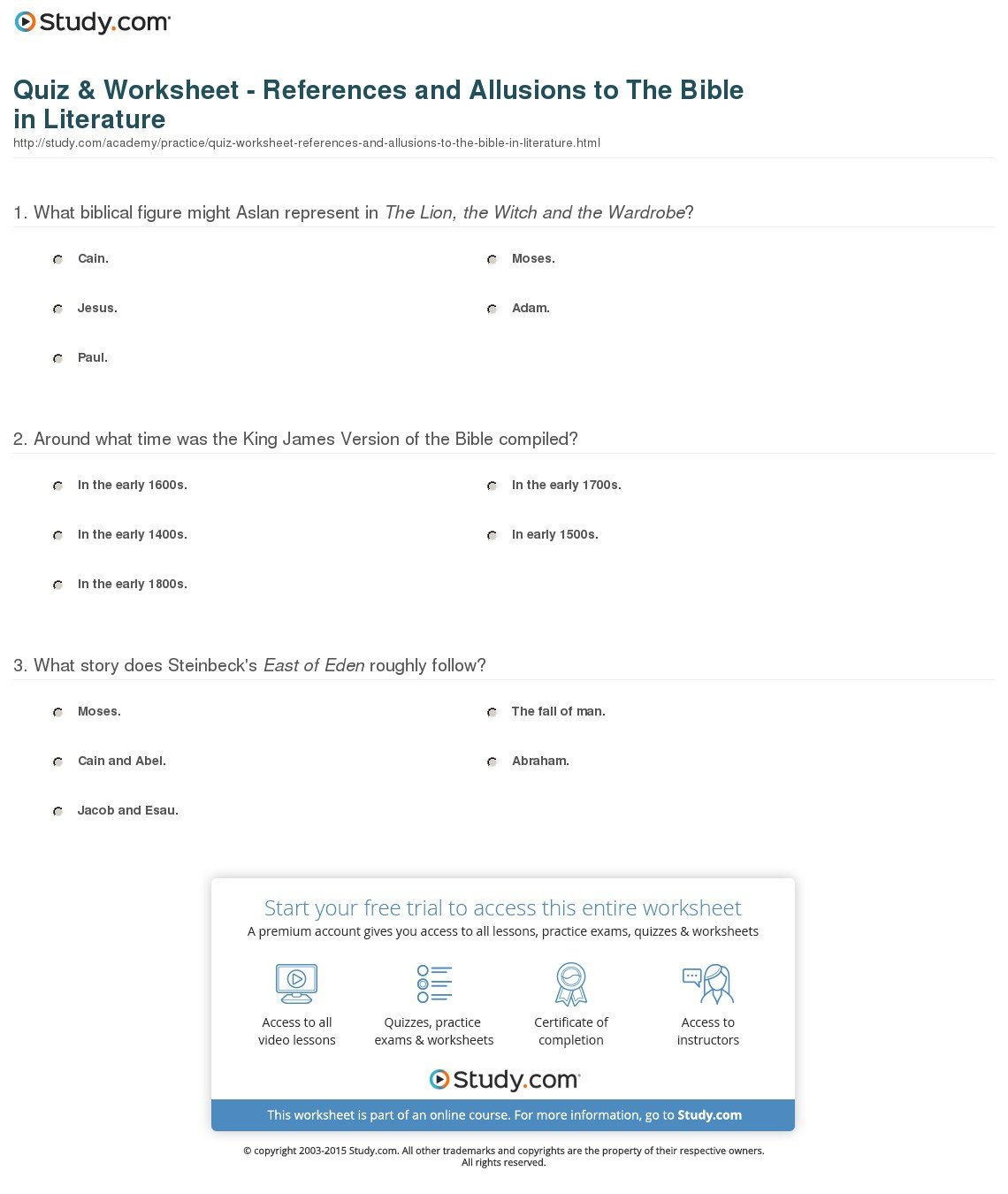 Quiz  Worksheet  References And Allusions To The Bible In For Bible Worksheets For Middle School