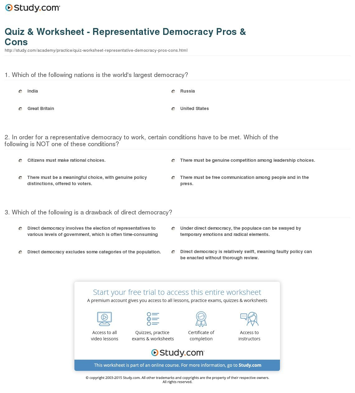 Quiz  Worksheet  Representative Democracy Pros  Cons  Study Or Two Types Of Democracy Worksheet Answers