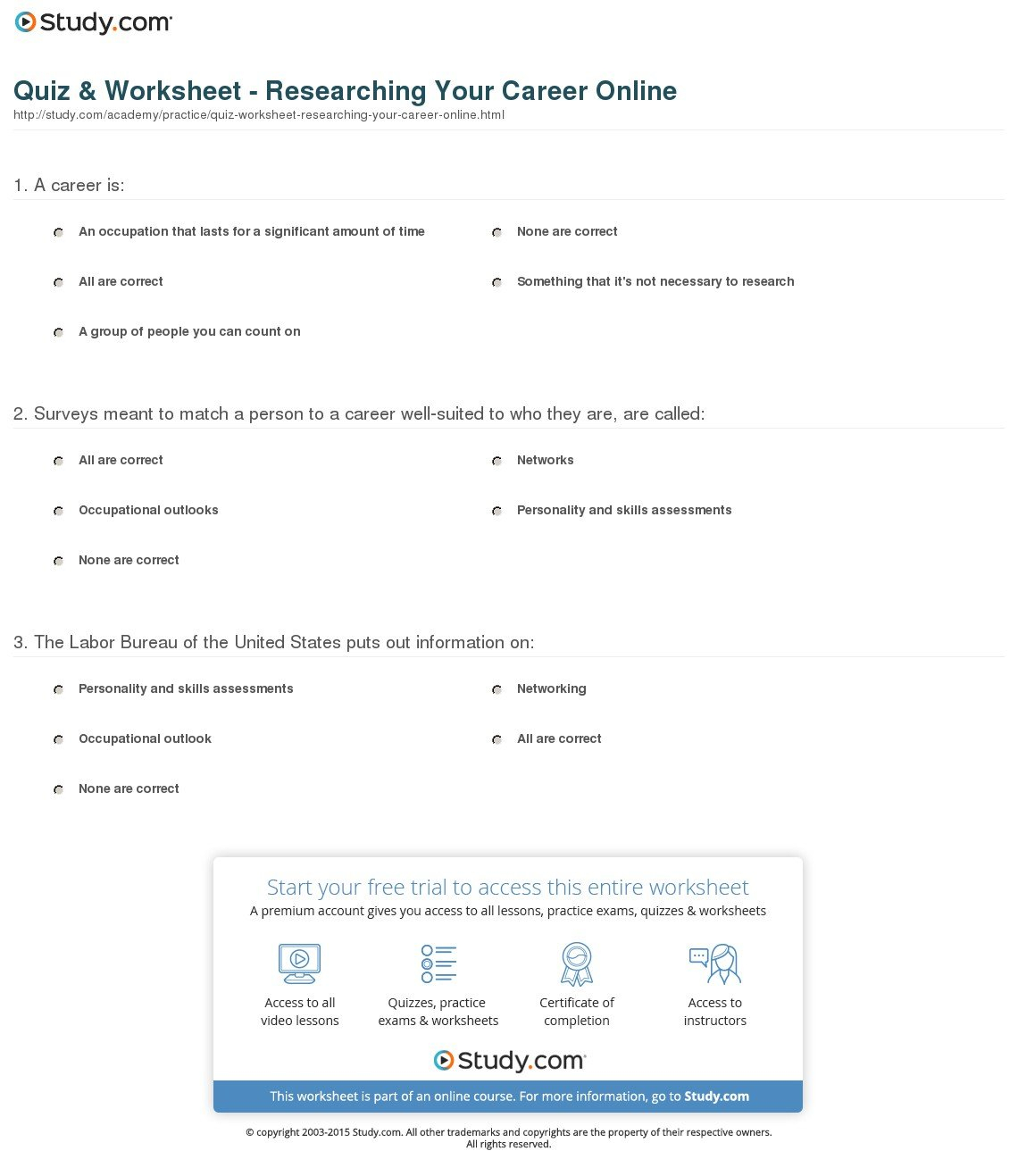 Quiz  Worksheet  Researching Your Career Online  Study As Well As Career Research Worksheet