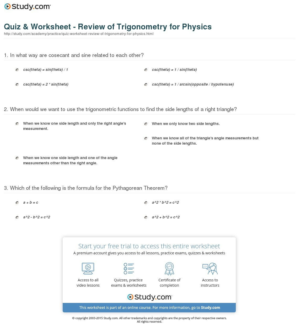 Quiz  Worksheet  Review Of Trigonometry For Physics  Study Together With Review Trigonometry Worksheet
