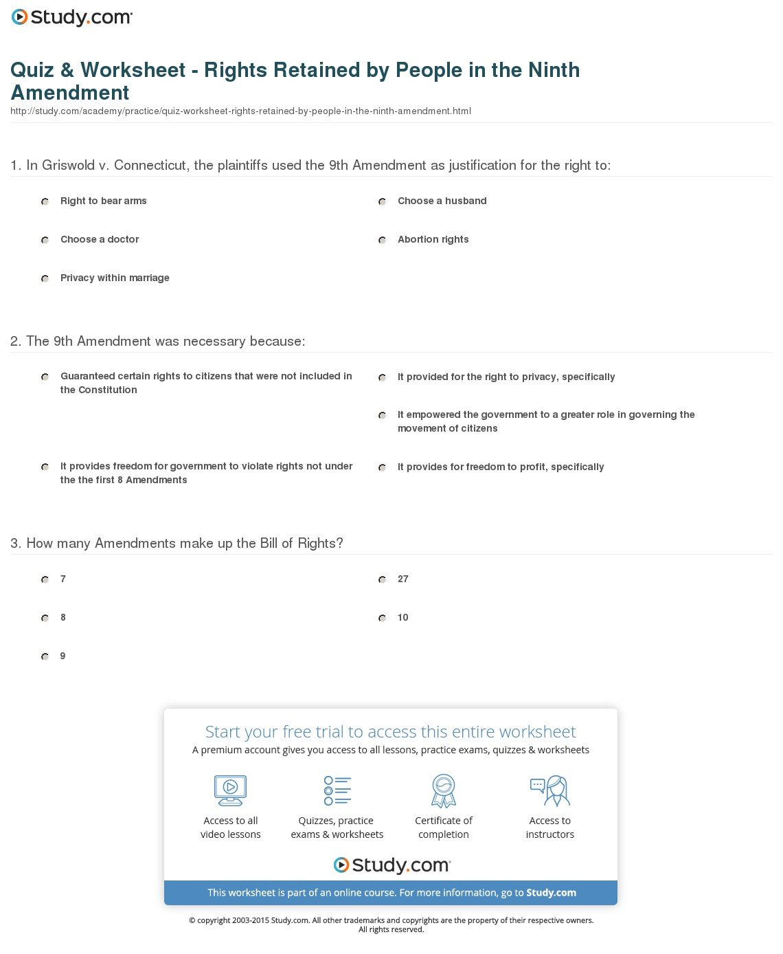 Quiz  Worksheet  Rights Retainedpeople In The Ninth Amendment Inside Icivics Bill Of Rights Worksheet