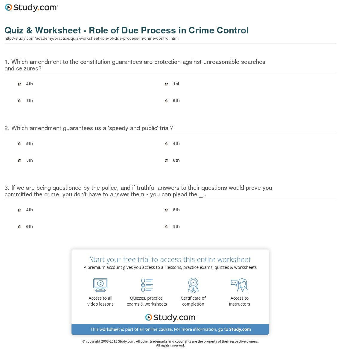 Quiz  Worksheet  Role Of Due Process In Crime Control  Study Pertaining To Due Process In Criminal Proceedings Worksheet Answers