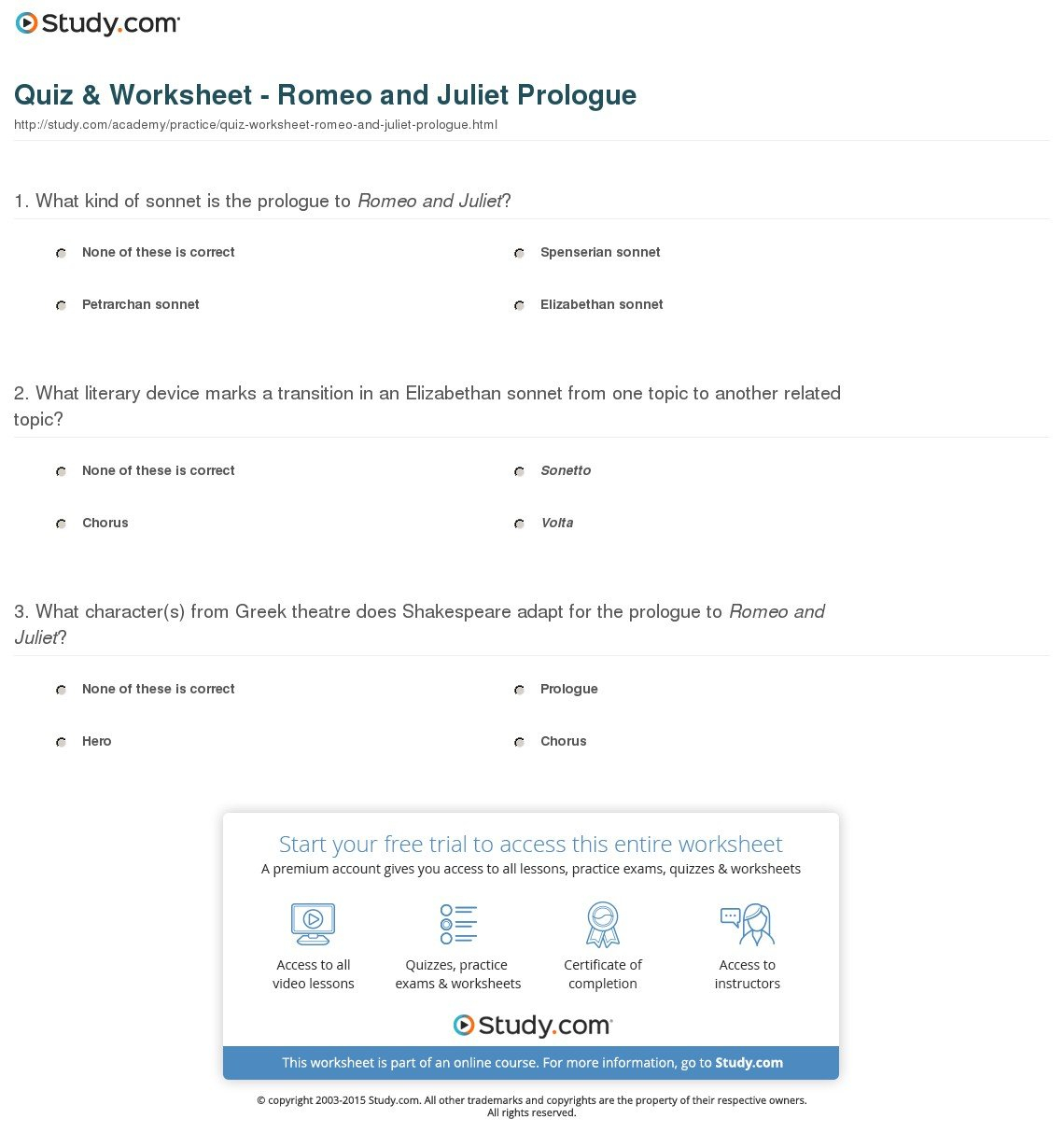 Quiz  Worksheet  Romeo And Juliet Prologue  Study With Regard To Romeo And Juliet Prologue Worksheet