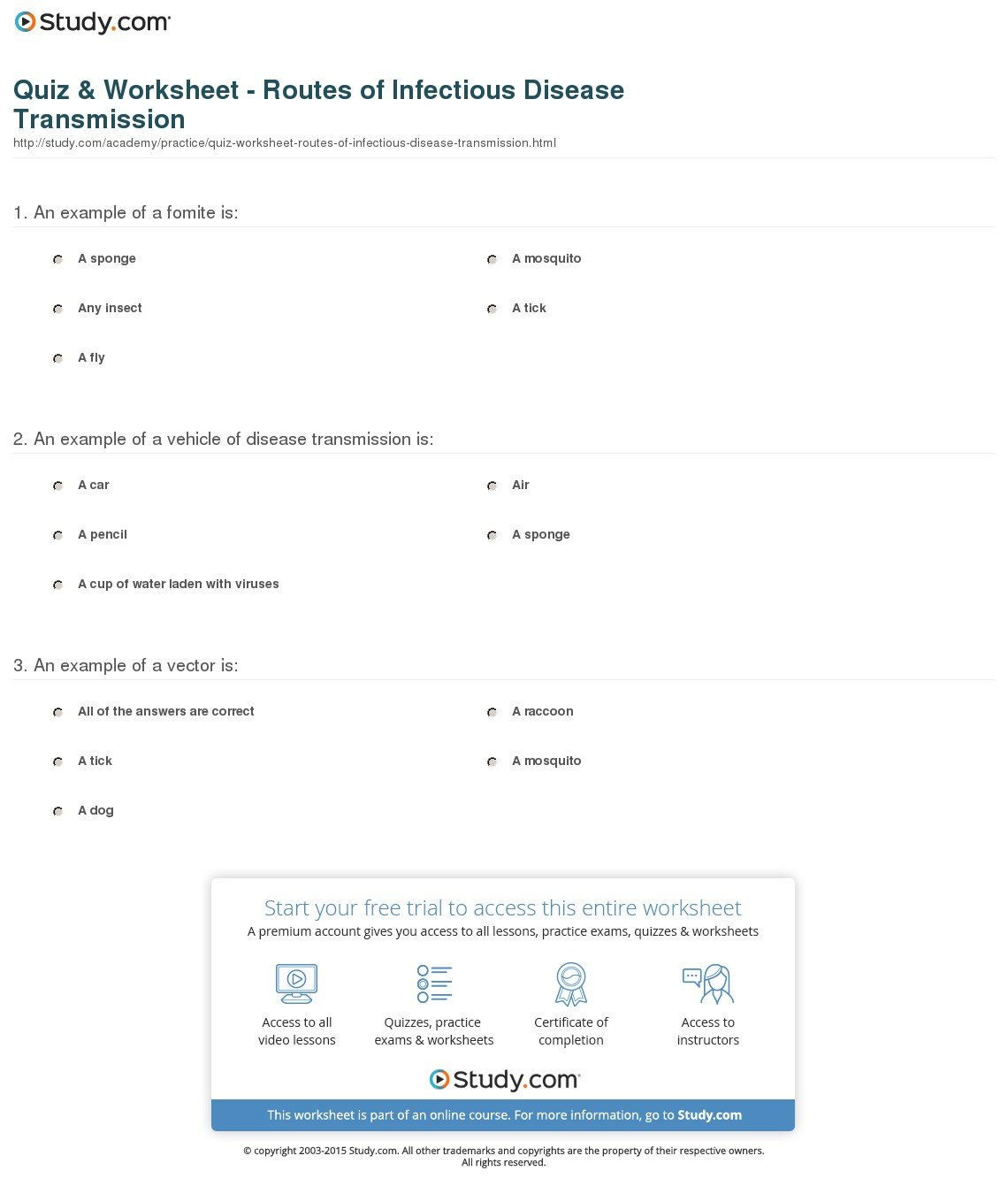 Quiz  Worksheet  Routes Of Infectious Disease Transmission  Study Pertaining To Infectious Disease Worksheet Answer Key