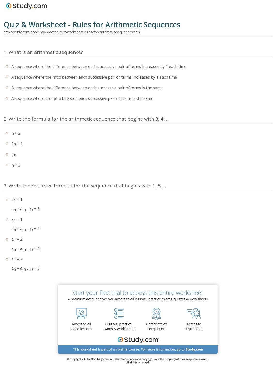 Quiz  Worksheet  Rules For Arithmetic Sequences  Study Throughout Arithmetic Sequence Worksheet Algebra 1