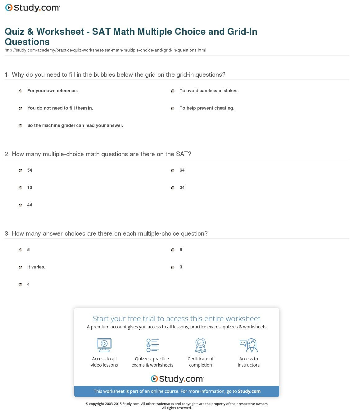 Quiz  Worksheet  Sat Math Multiple Choice Questions  Study Intended For Sat Math Practice Worksheets With Answers