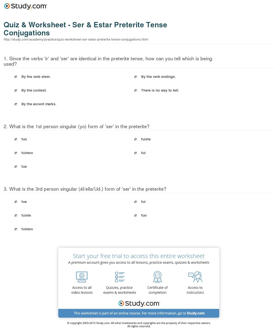 Quiz  Worksheet  Ser  Estar Preterite Tense Conjugations  Study As Well As Ser Estar Worksheet