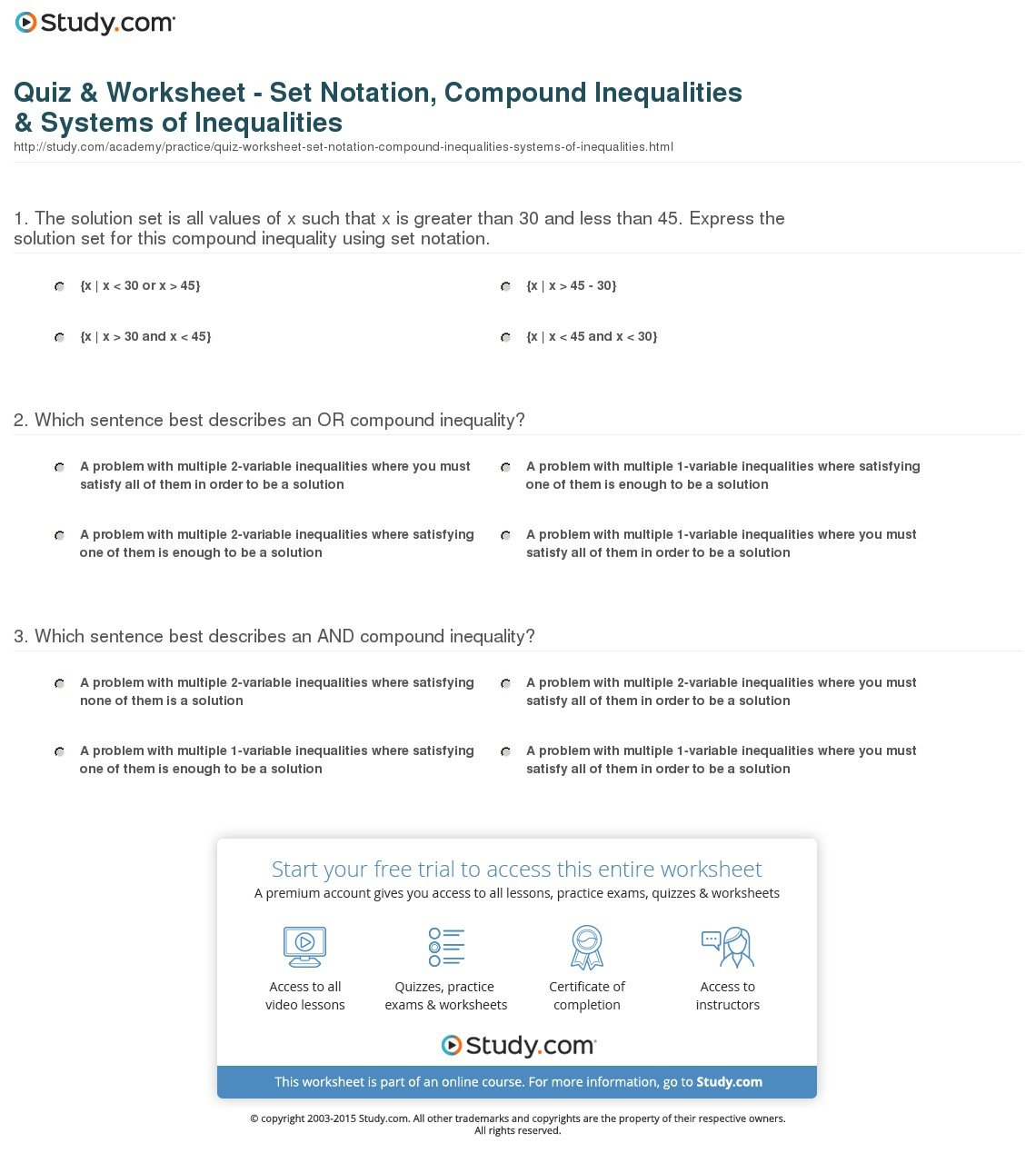 Quiz  Worksheet  Set Notation Compound Inequalities  Systems Of Intended For Compound Inequalities Word Problems Worksheet With Answers