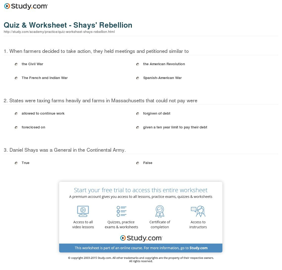 Quiz  Worksheet  Shays' Rebellion  Study For Shays Rebellion Worksheet Answers