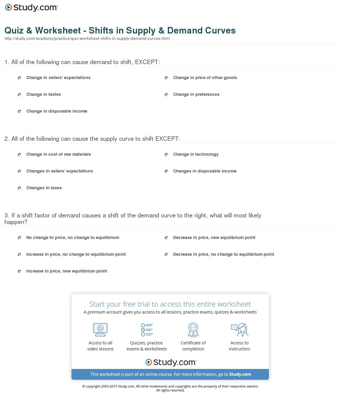 Quiz  Worksheet  Shifts In Supply  Demand Curves  Study Also Changes In Supply Worksheet Answers