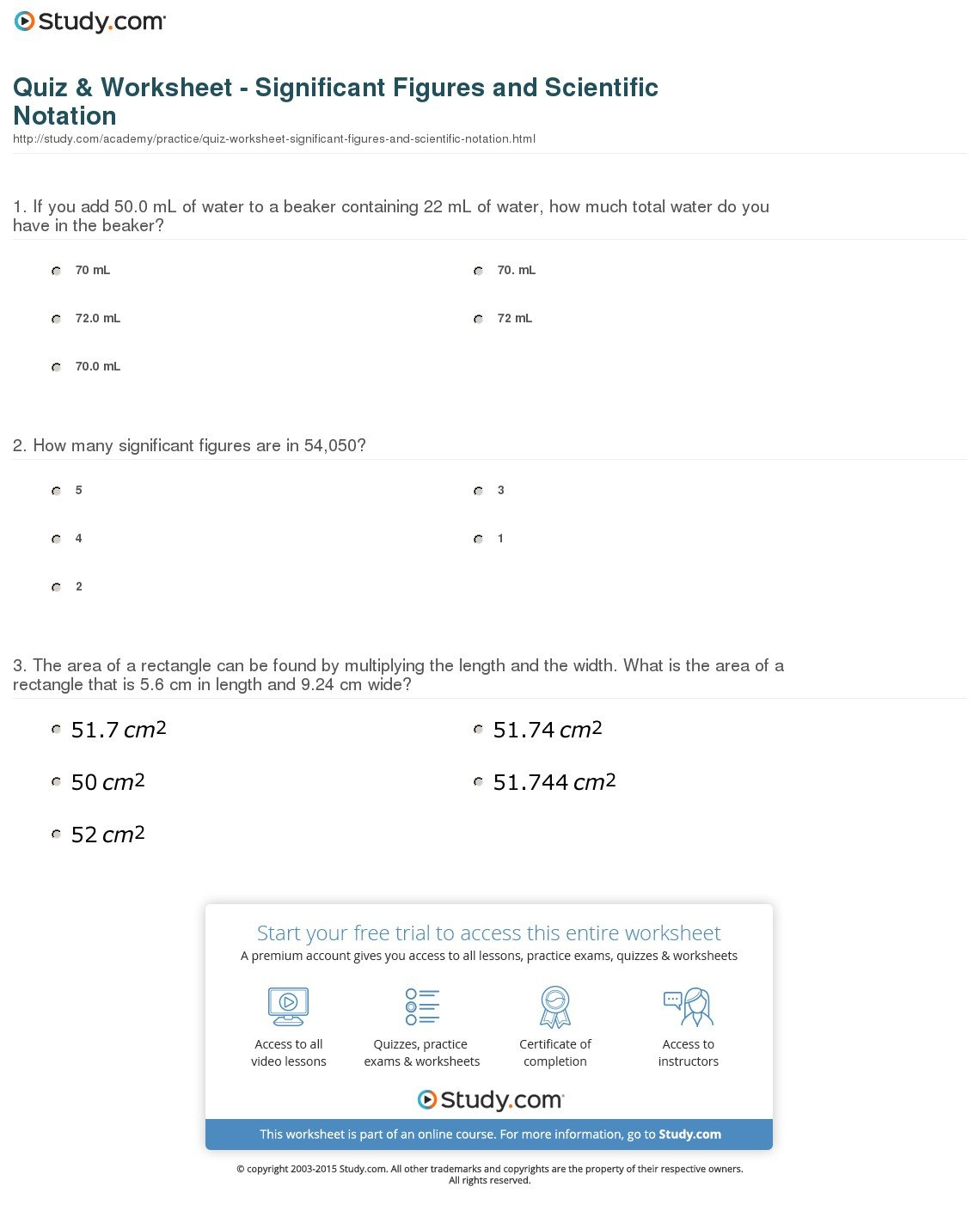 Quiz  Worksheet  Significant Figures And Scientific Notation With Standard Notation Worksheet