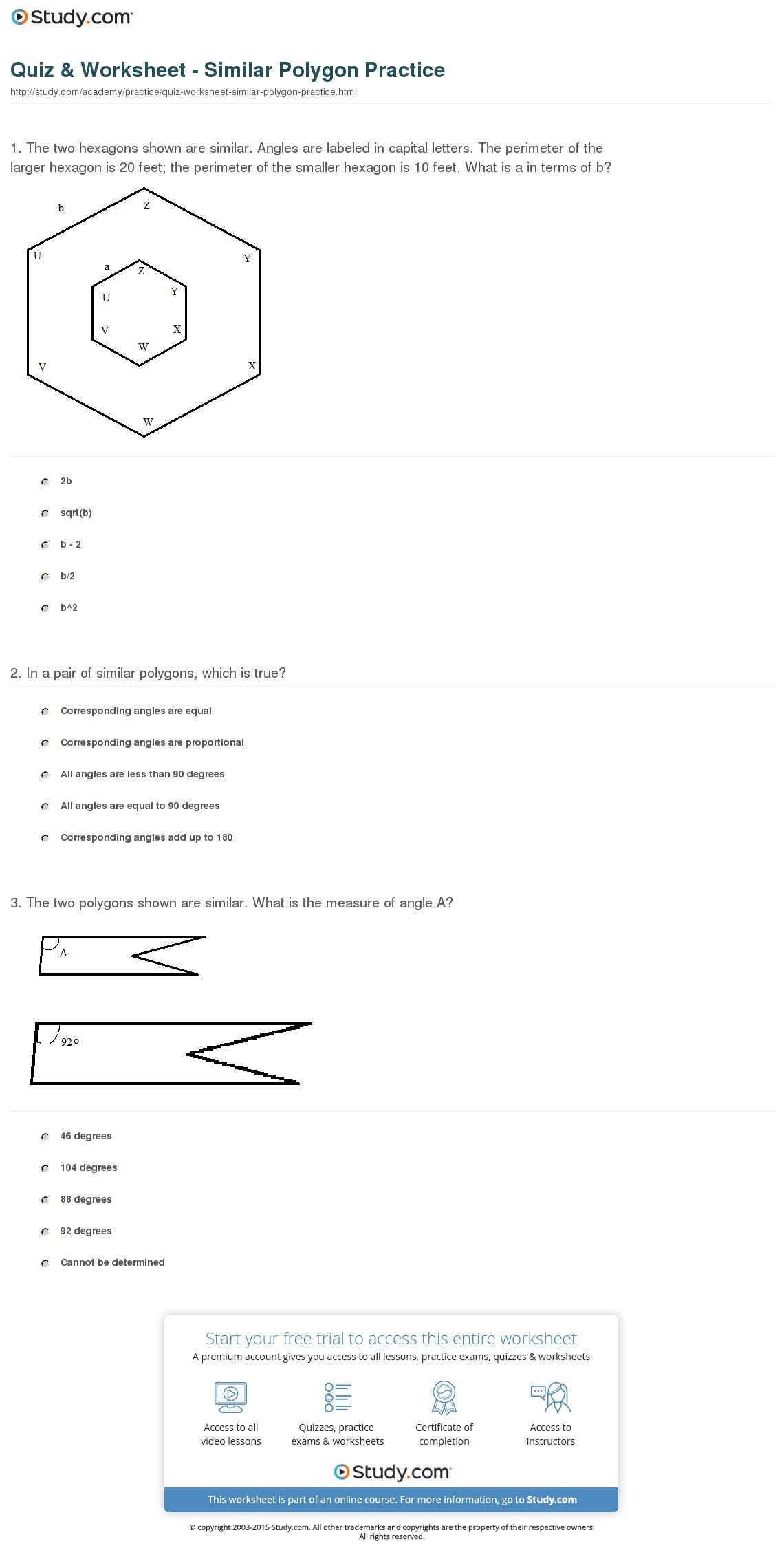 Quiz  Worksheet  Similar Polygon Practice  Study In Similar Polygons Worksheet Answers