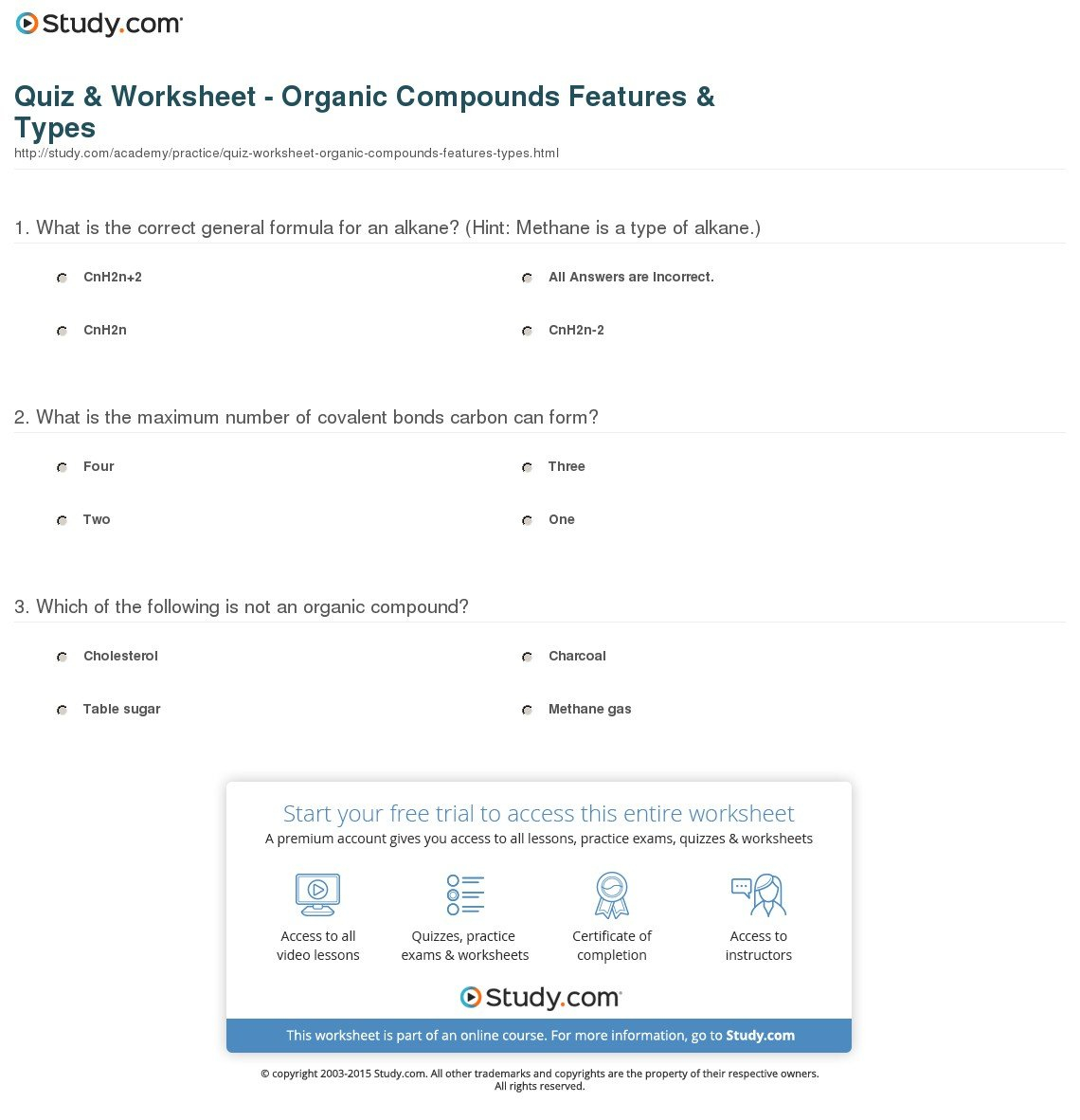 Quiz  Worksheet  Simple Organic Compounds Features  Types  Study Pertaining To Organic Compounds Worksheet Biology Answers