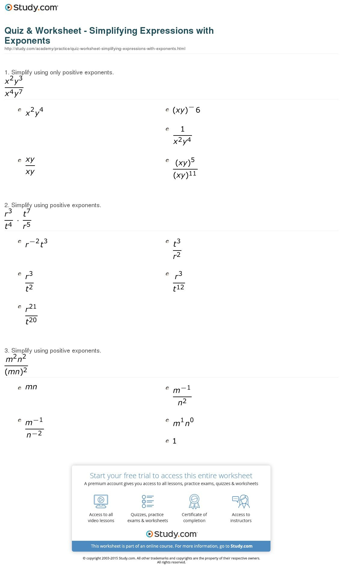 Quiz  Worksheet  Simplifying Expressions With Exponents  Study As Well As Exponent Worksheet Answers