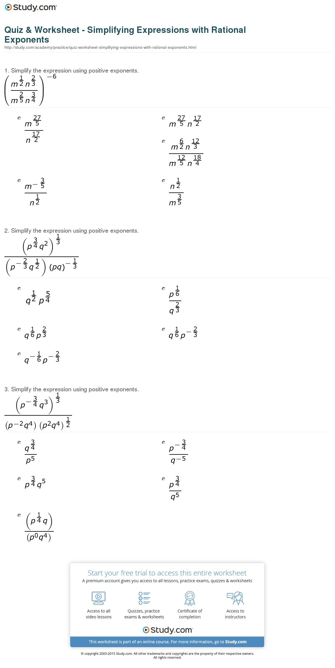 Quiz  Worksheet  Simplifying Expressions With Rational Exponents Or Exponents And Radicals Worksheet With Answers