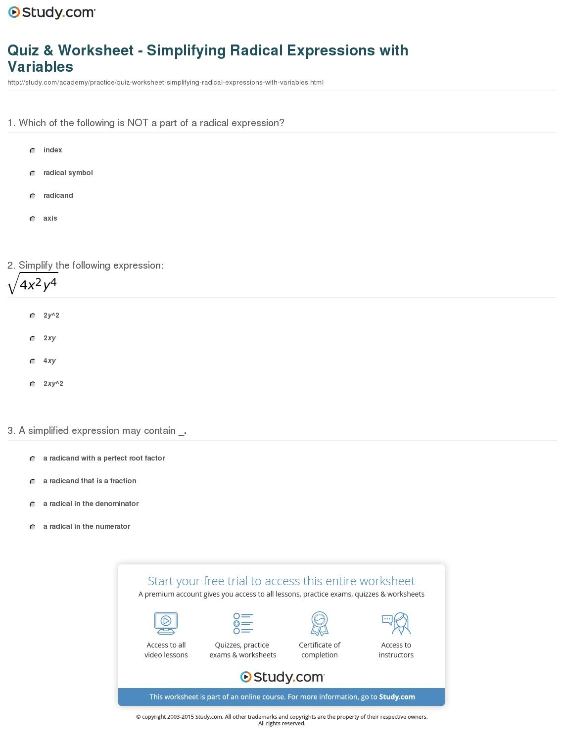 Quiz  Worksheet  Simplifying Radical Expressions With Variables Pertaining To Simplifying Radicals Geometry Worksheet