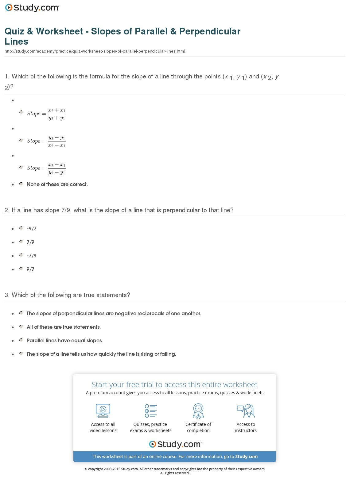 Quiz  Worksheet  Slopes Of Parallel  Perpendicular Lines  Study Along With Parallel And Perpendicular Worksheet Answers