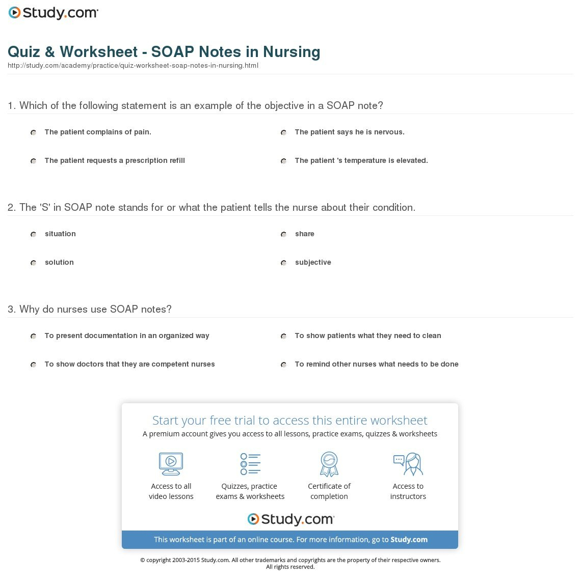 Quiz  Worksheet  Soap Notes In Nursing  Study Pertaining To Soap Note Practice Worksheet