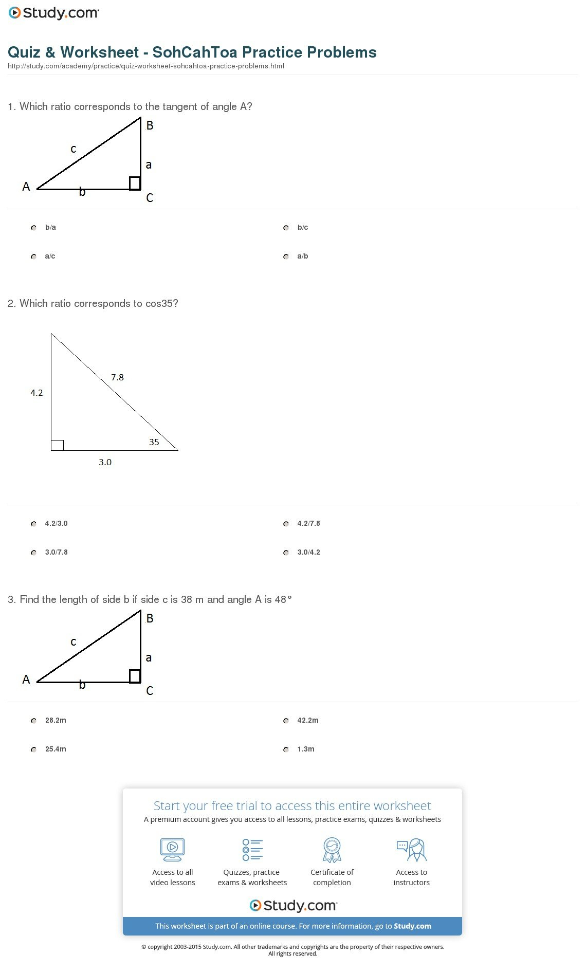 Quiz  Worksheet  Sohcahtoa Practice Problems  Study Also Trigonometry Practice Worksheets