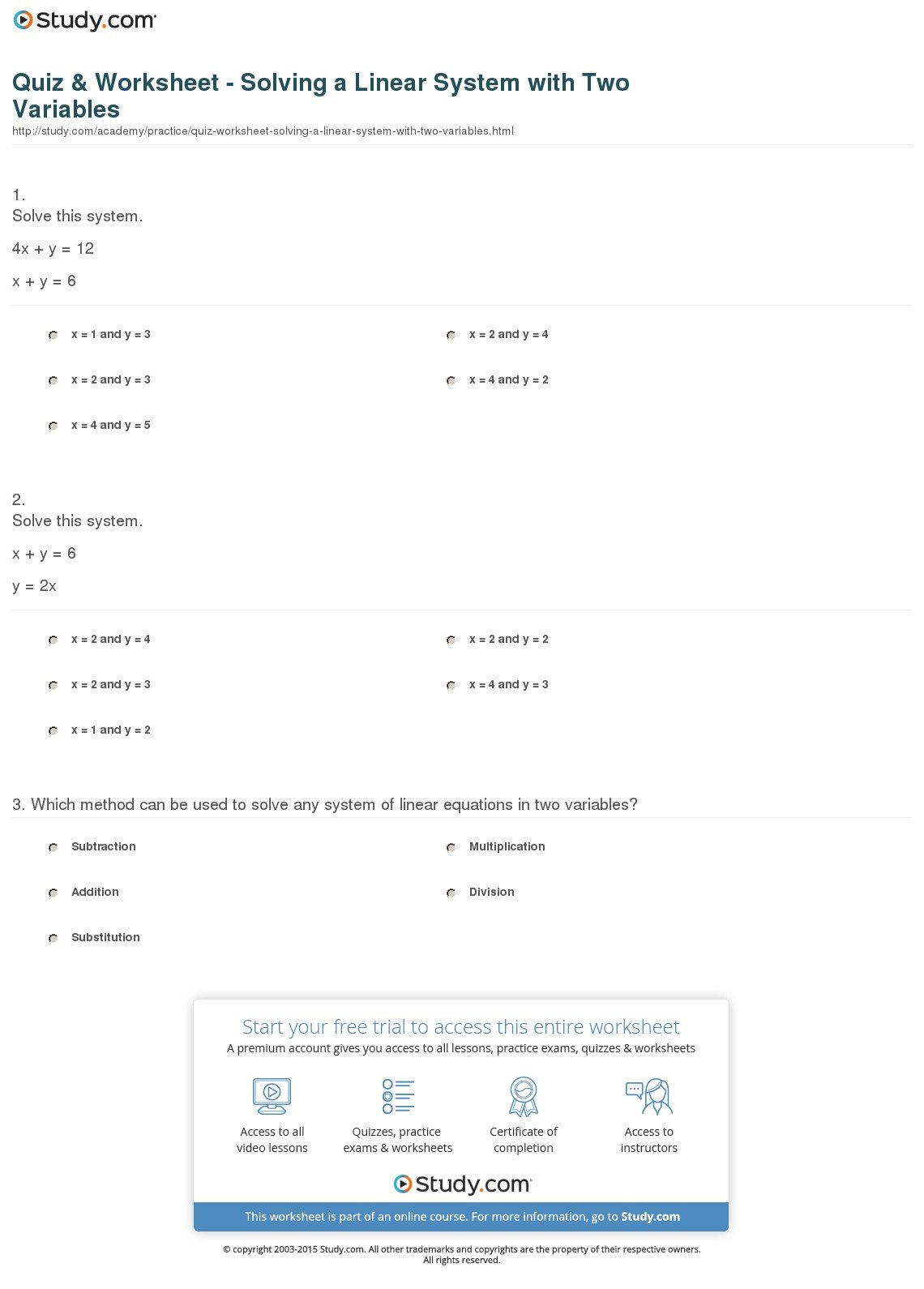Quiz  Worksheet  Solving A Linear System With Two Variables For Two Variable Equations Worksheet