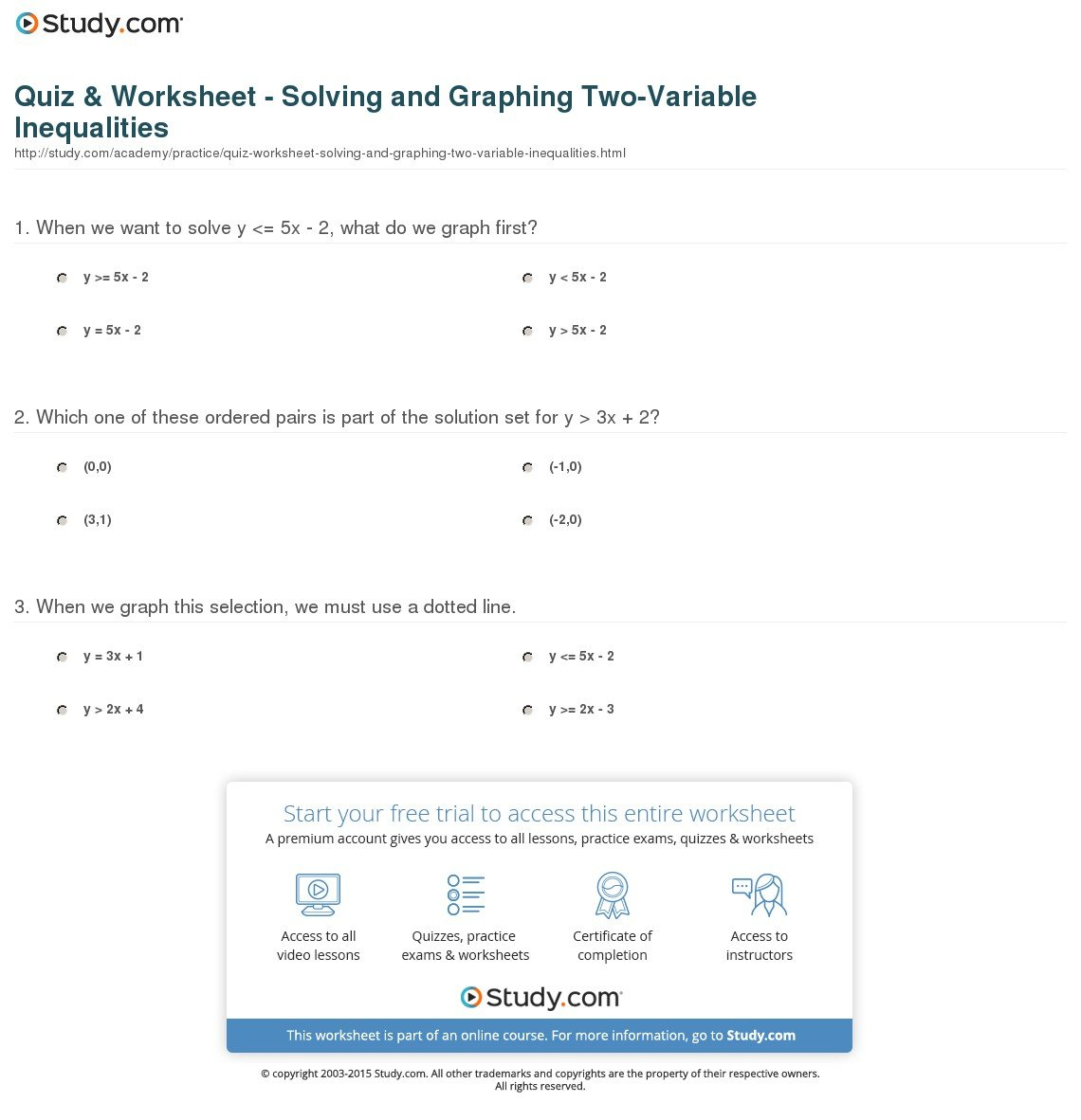 Quiz  Worksheet  Solving And Graphing Twovariable Inequalities Inside Graphing Two Variable Inequalities Worksheet