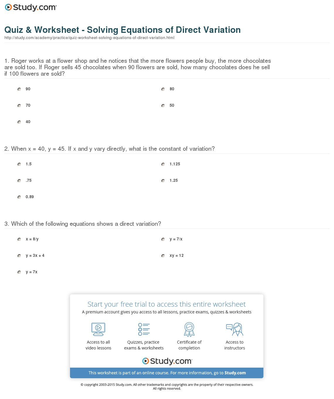 Quiz  Worksheet  Solving Equations Of Direct Variation  Study Along With Direct Variation Worksheet With Answers